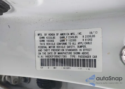 2013 Honda Accord Lx from USA, damaged, VIN 1HGCR2F39DA217385